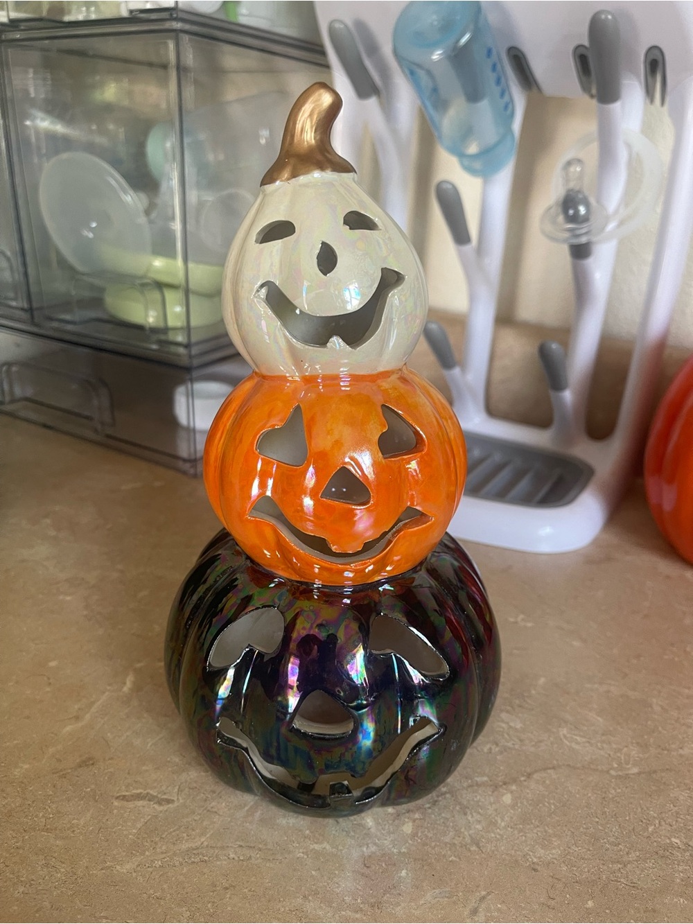 Iridescent Stacked Pumpkin Halloween Figurine - Orange, White, Black